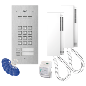 ZESTAW DOMOFONOWY ACO FAM-P-2NPZSACC + 2 UNIFONY INS-UP720B + ZASILACZ NA SZYNĘ DIN 15V